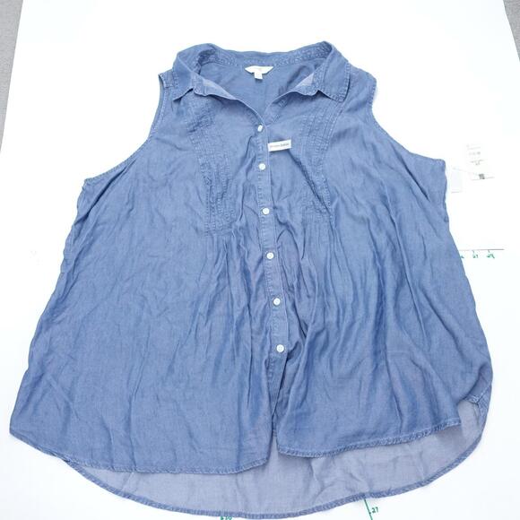 Terra & Sky Blouse Top Womens 3X Blue Lyocell Pleated Sleeveless Button Front - Picture 1 of 6